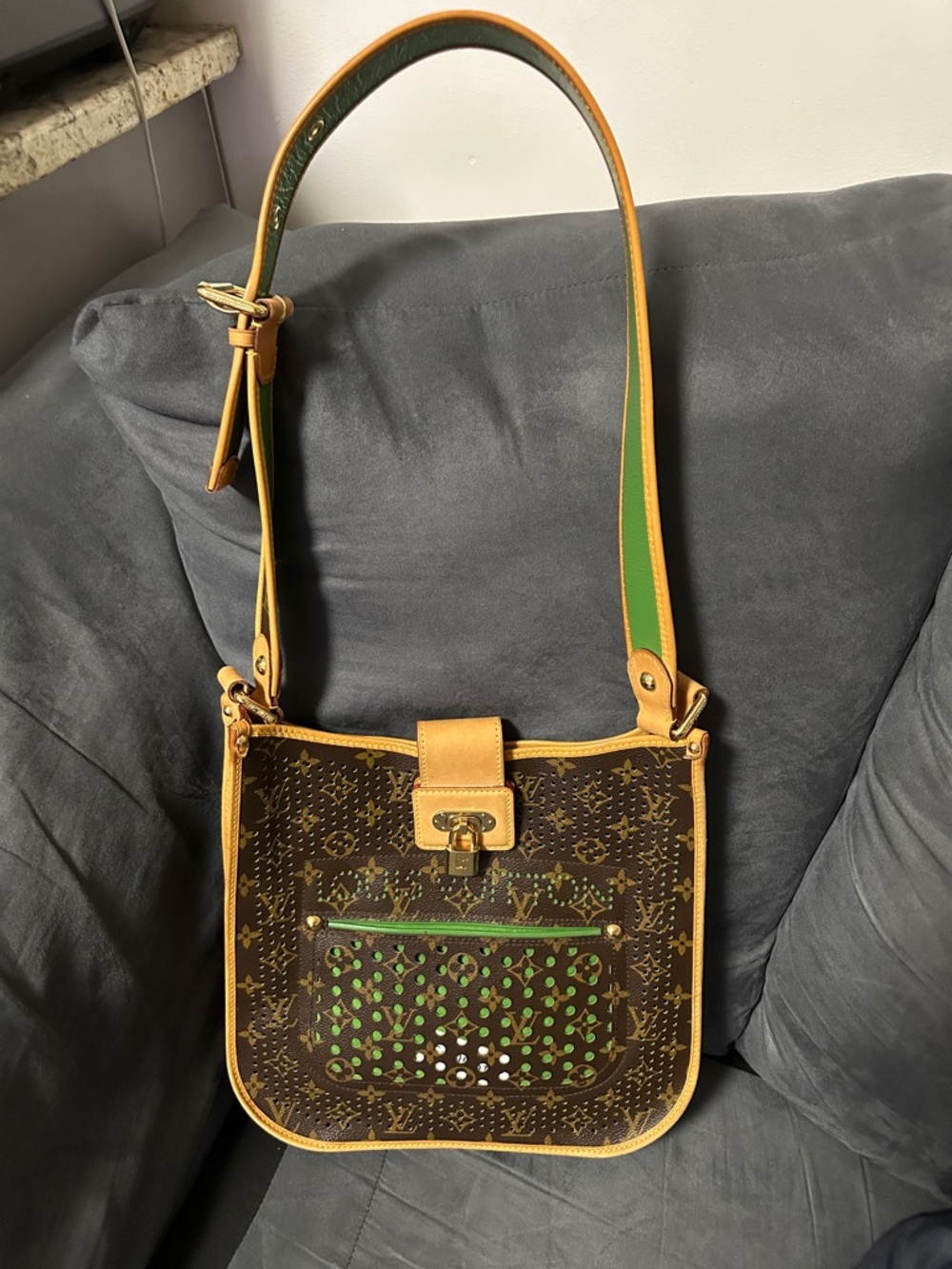 Louis Vuitton Brown perforated two way Bag with Green Accents🥳🥳❌❌